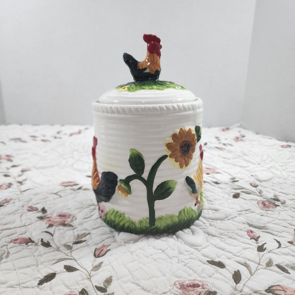 Vintage Ceramic Rooster Sunflower Canister Storage Jar Farmhouse Kitchen Lid